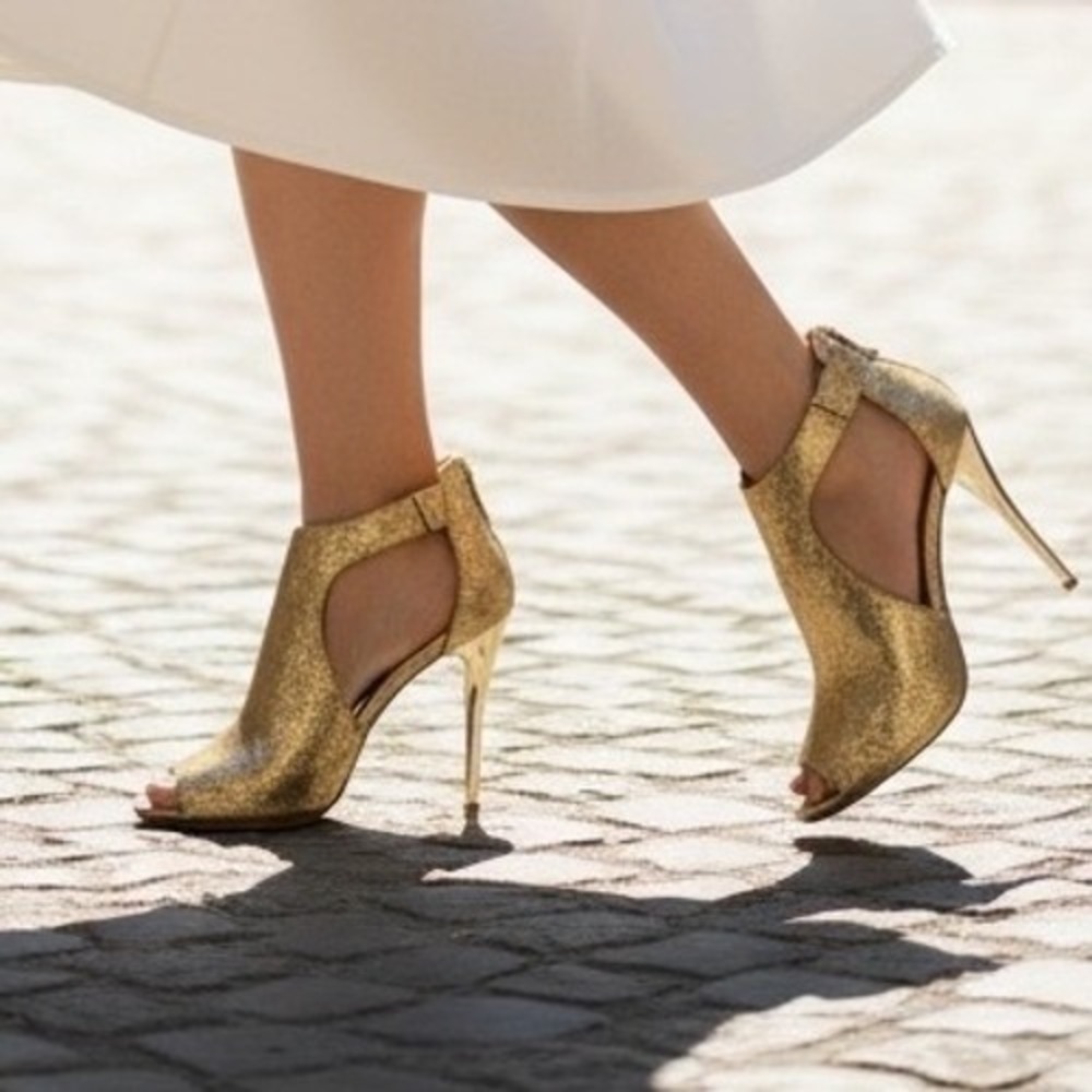 MICHAEL KORS Gold Textured Peep Toe Stiletto Heels Shoes Womens Size 8M Occasion